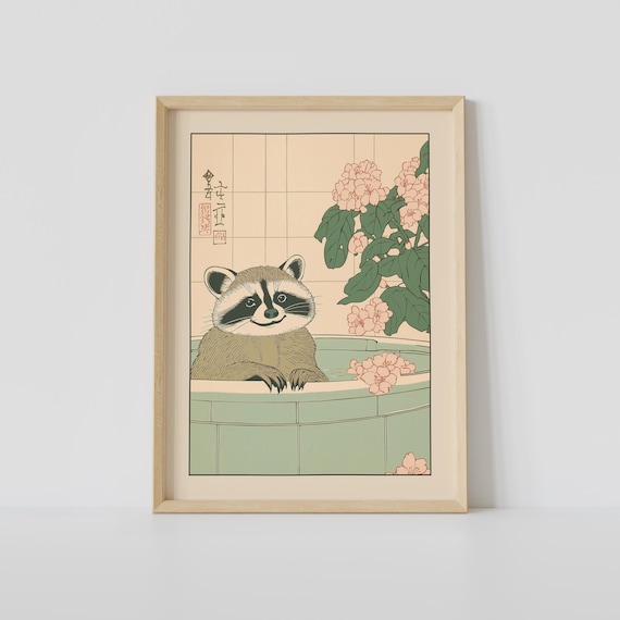 Raccoon Relaxing in Japanese Bathtub With Pink Hydrangeas Poster