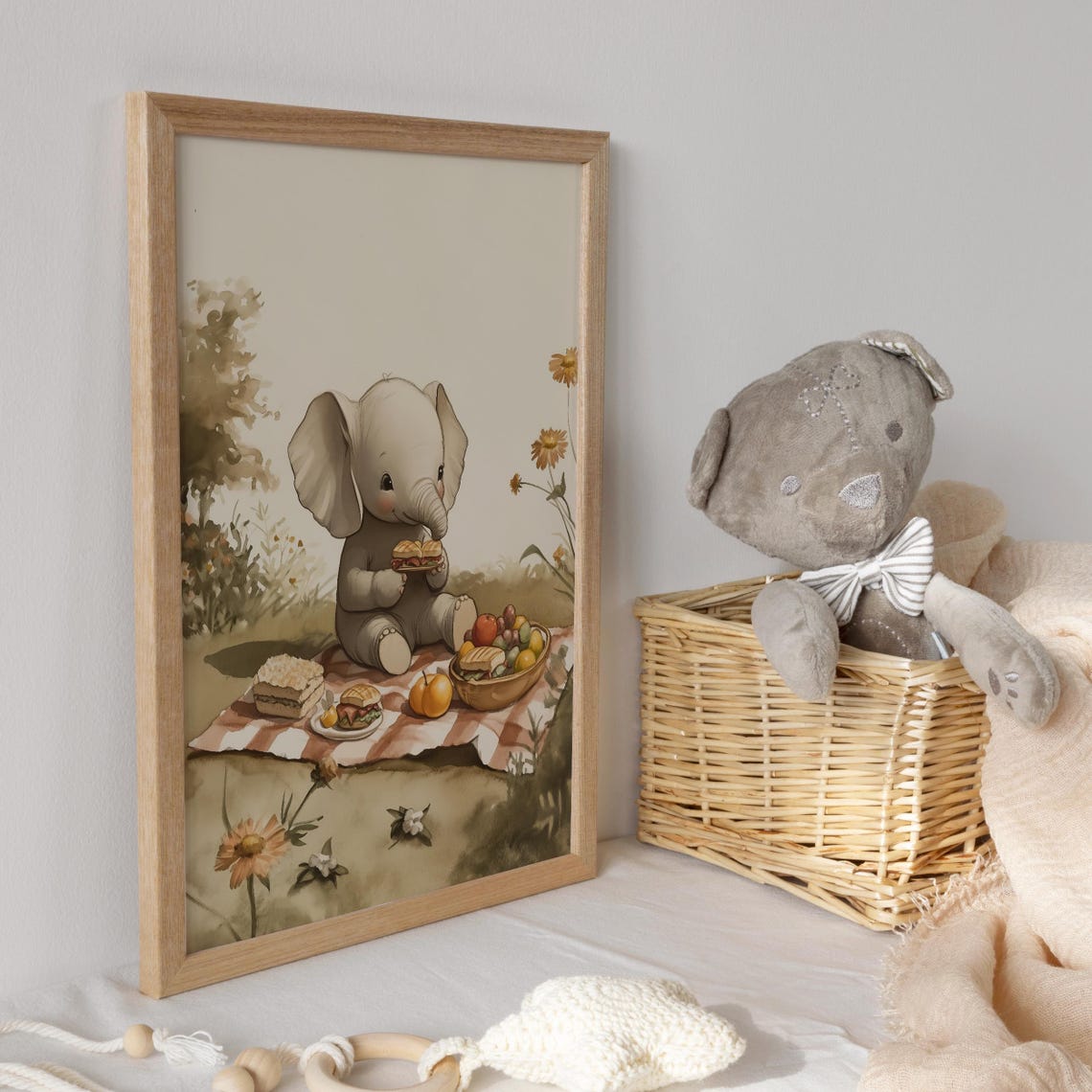 Baby Elephant Enjoying a Picnic with Sandwiches and Fruit Poster - Image 3