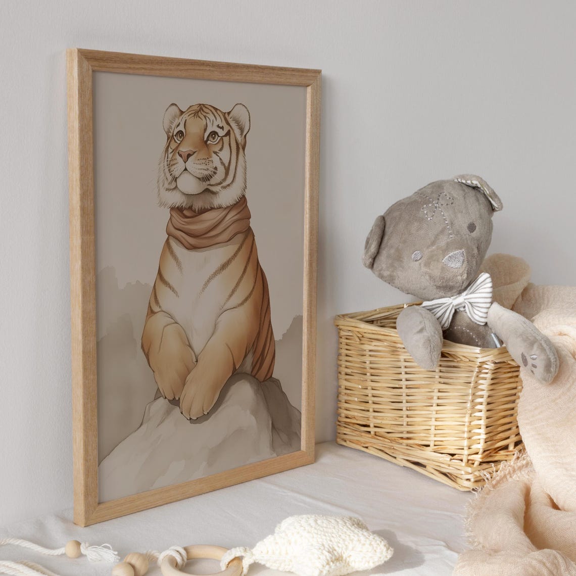 Tiger Cub Wearing a Cozy Scarf Sitting on a Rock Safari Poster - Image 3
