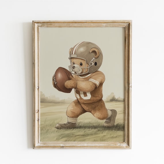 Teddy Bear in Football Helmet and Jersey Running with the Ball Poster