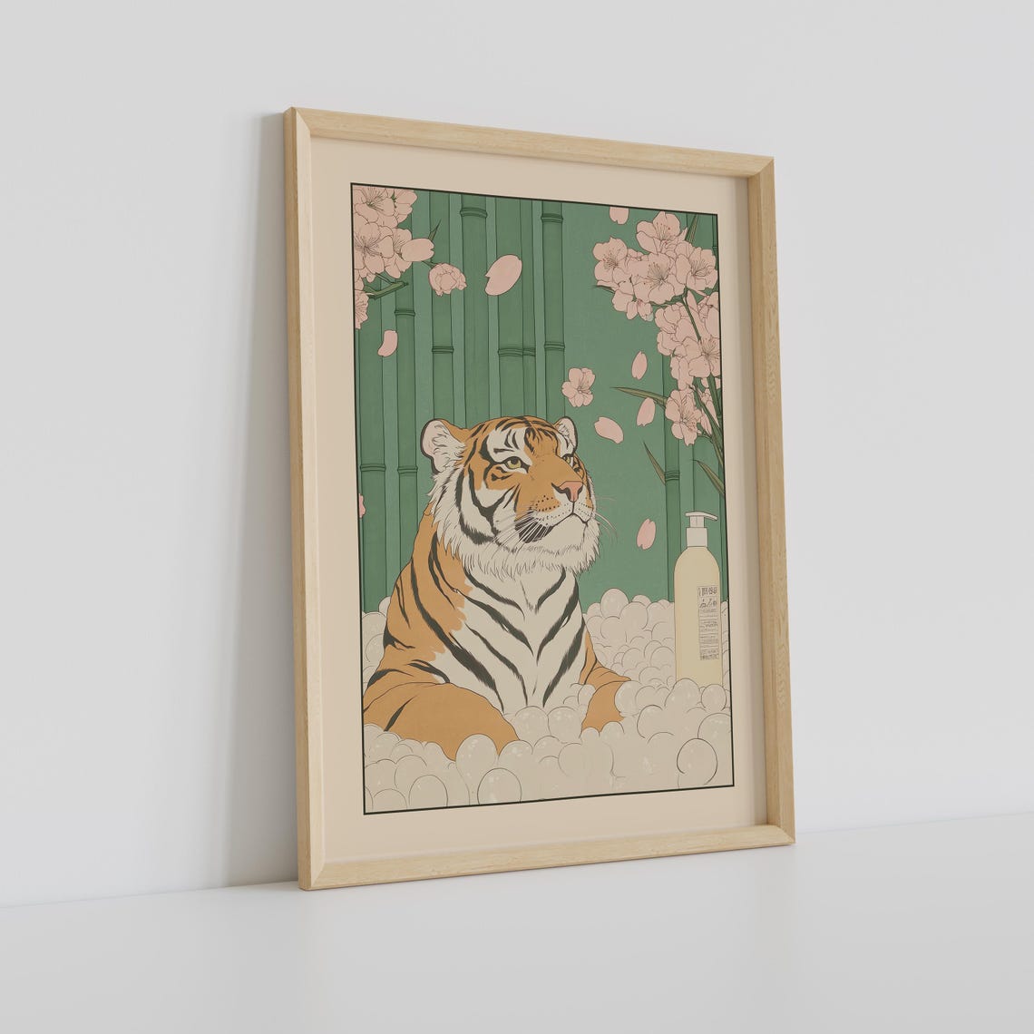 Majestic Tiger Soaking in Bubble Bath With Bamboo and Sakura Poster - Image 2