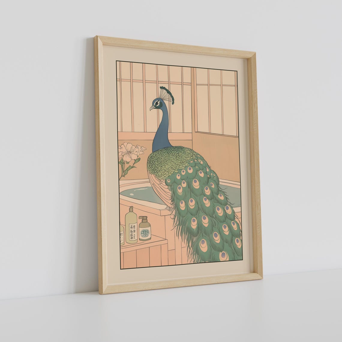 Peacock Standing by a Japanese Bathtub with Bath Bottles Poster - Image 2