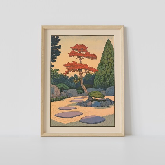 Zen Garden With Red Maple Tree Stepping Stones Japanese Art Print