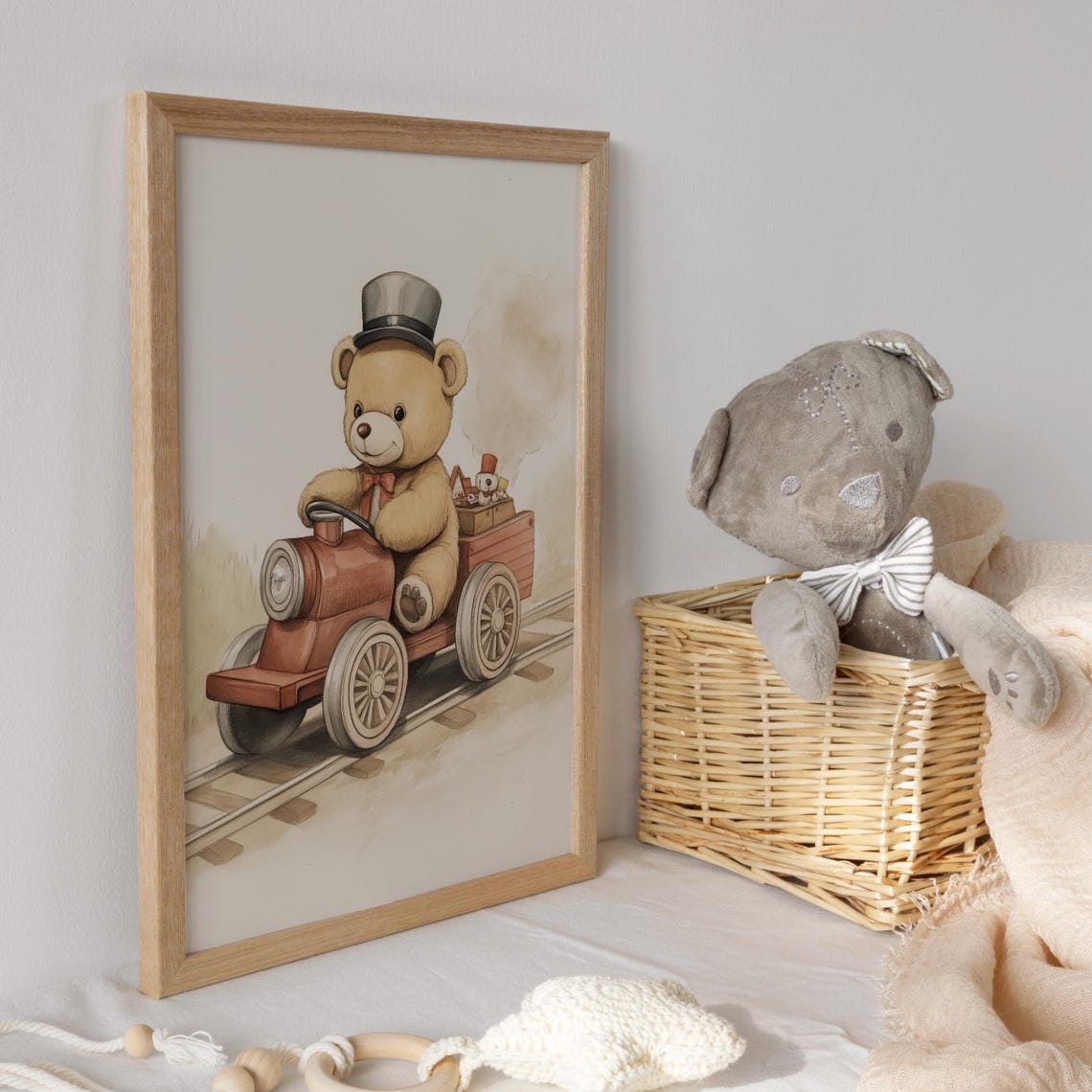 Teddy Bear Train Conductor in Top Hat Driving Red Toy Engine Poster - Image 3