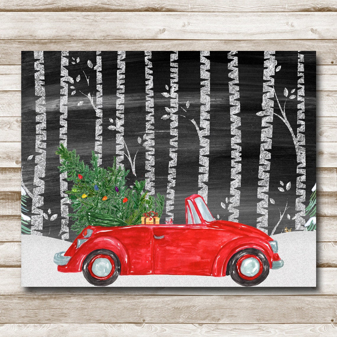 Red Vintage Convertible Christmas Tree Snowy Birch Forest Wall Art - Image 4
