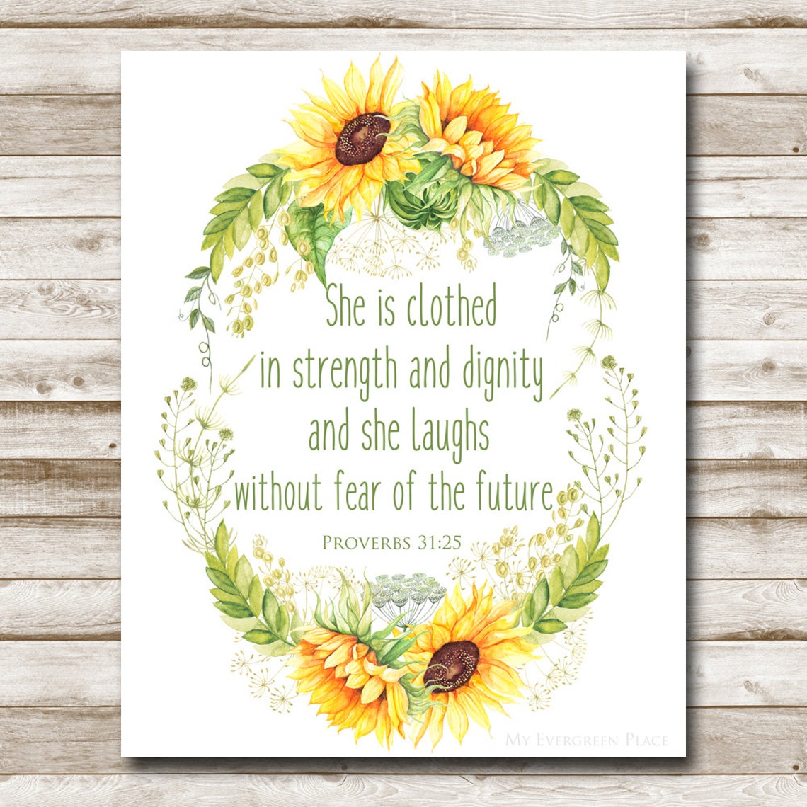 She Is Clothed in Strength Proverbs 31:25 Sunflower Wreath Wall Poster - Image 4