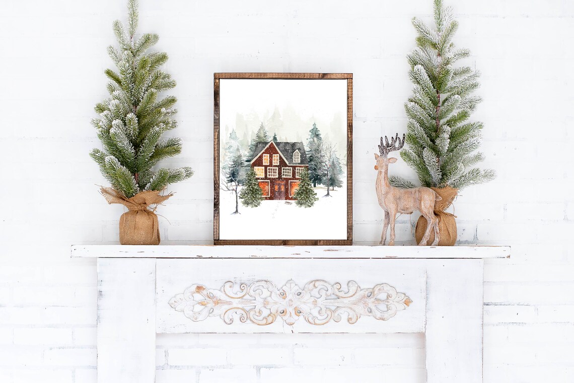 Red Winter House Glowing Windows Watercolor Snowy Christmas Scene Poster - Image 4