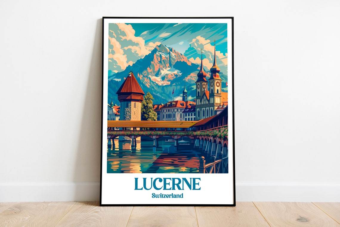 Lucerne Switzerland Chapel Bridge And Alpine Peak Vintage Poster