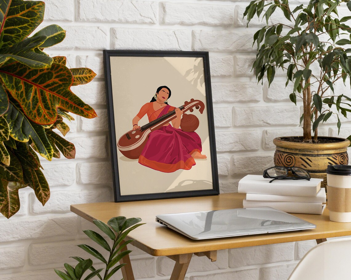 Veena Art, Indian Woman Musician, South Asian Art Print - Image 3