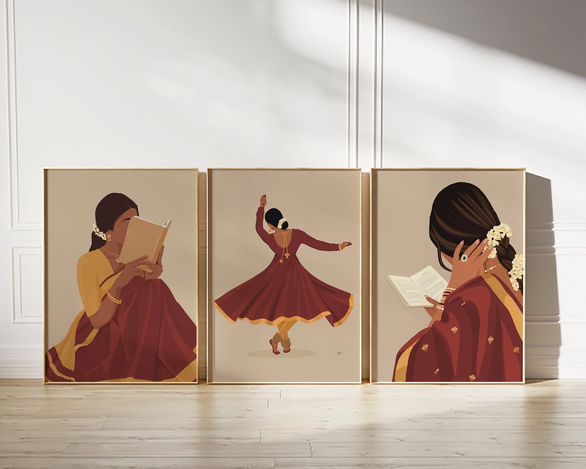 Indian Women In Saree Reading Book, Boho Art - Image 4