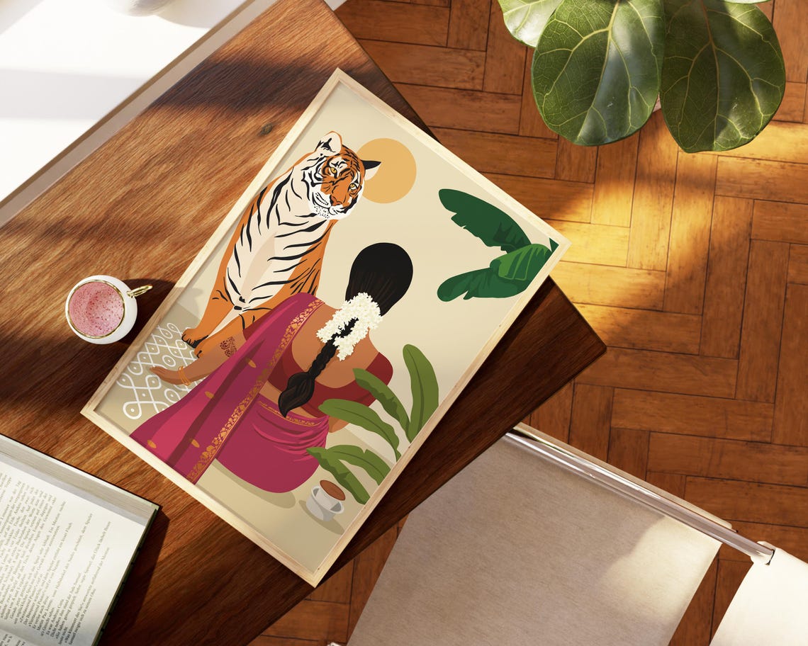 Indian Woman In Saree Art Rangoli Muggu Art Kolam Art Desi Art South Asian Art Indian Art Tamil Art Brown Girl Alpana Tiger Art - Image 3