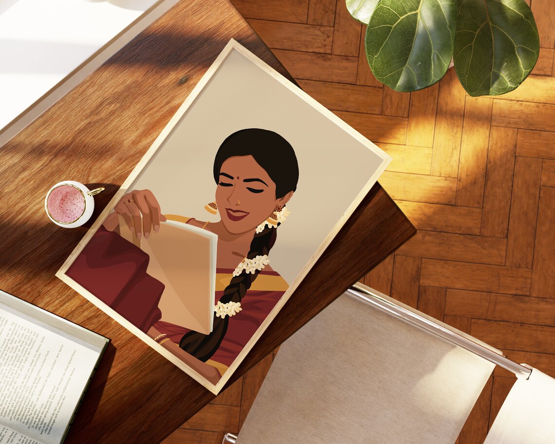 Indian Women In Saree Reading Book Art Print - Image 3