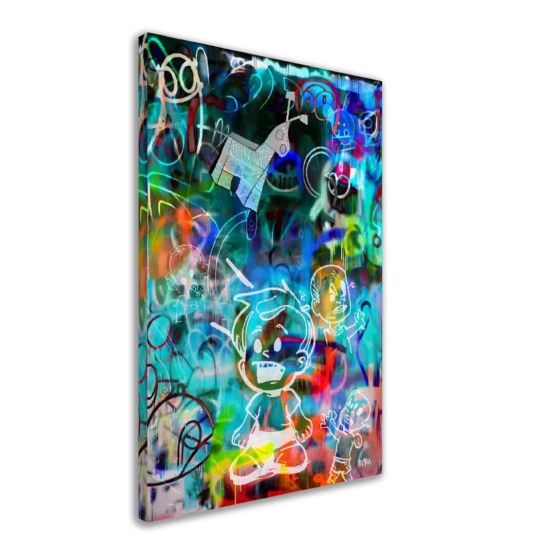 Neon Graffiti Cartoon Faces Street Art Glowing Teal Blue Wall Art - Image 2