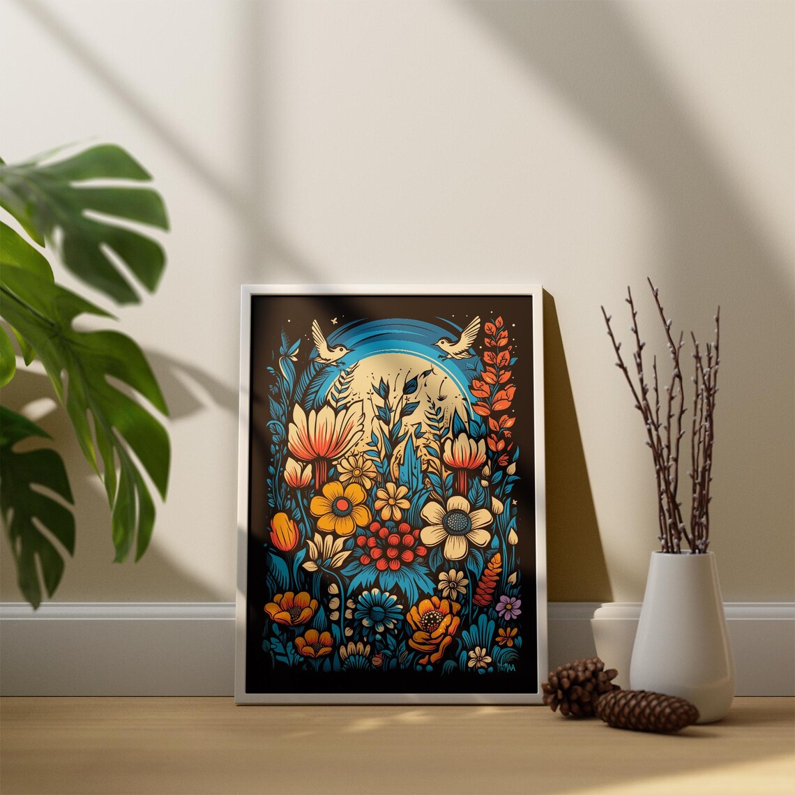 Moonlit Wildflowers Folk Art Birds and Blooms Painting Poster - Image 5