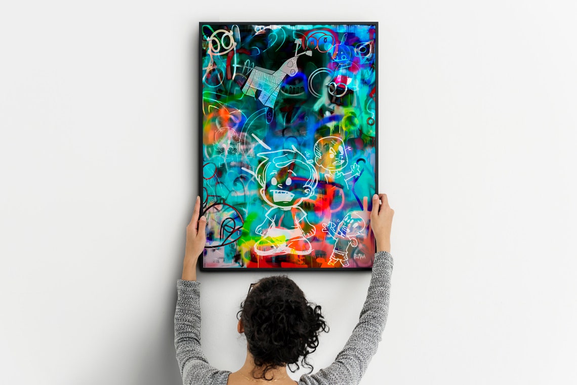 Neon Graffiti Cartoon Faces Street Art Glowing Teal Blue Wall Art - Image 6