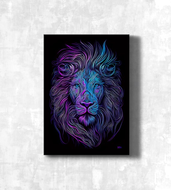 Neon Blue Lion Head Glowing Line Art on Black Background Wall Art