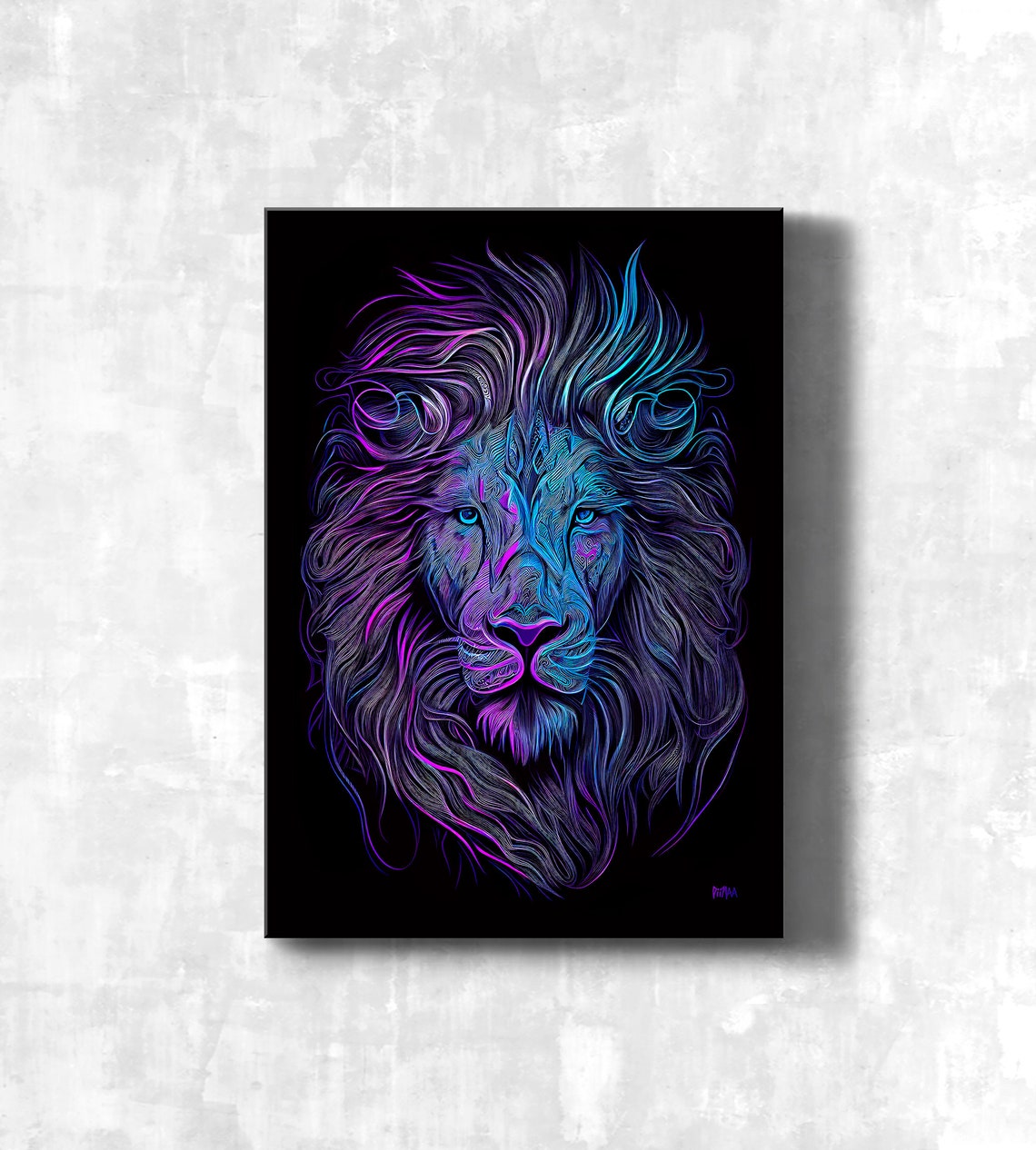 Neon Blue Lion Head Glowing Line Art on Black Background Wall Art
