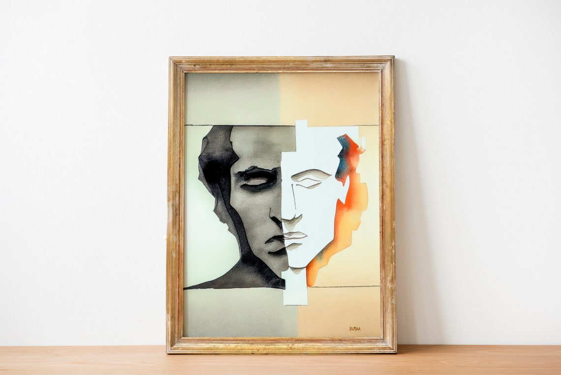 Split Face Minimalist Abstract Portrait Watercolor Modern Art Poster - Image 5
