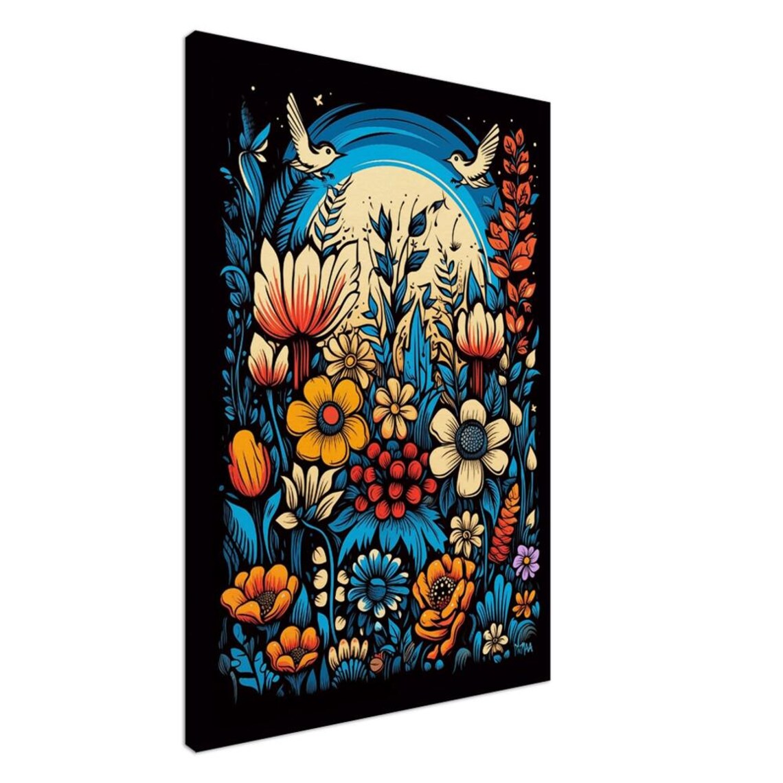 Moonlit Wildflowers Folk Art Birds and Blooms Painting Poster - Image 4