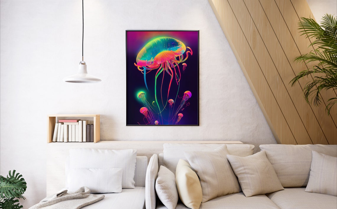 Neon Jellyfish Glowing Psychedelic Deep Ocean Life Art Poster - Image 7