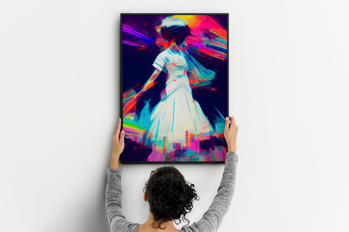 Neon Dancer in White Dress Vibrant Motion Art Painting Poster - Image 5