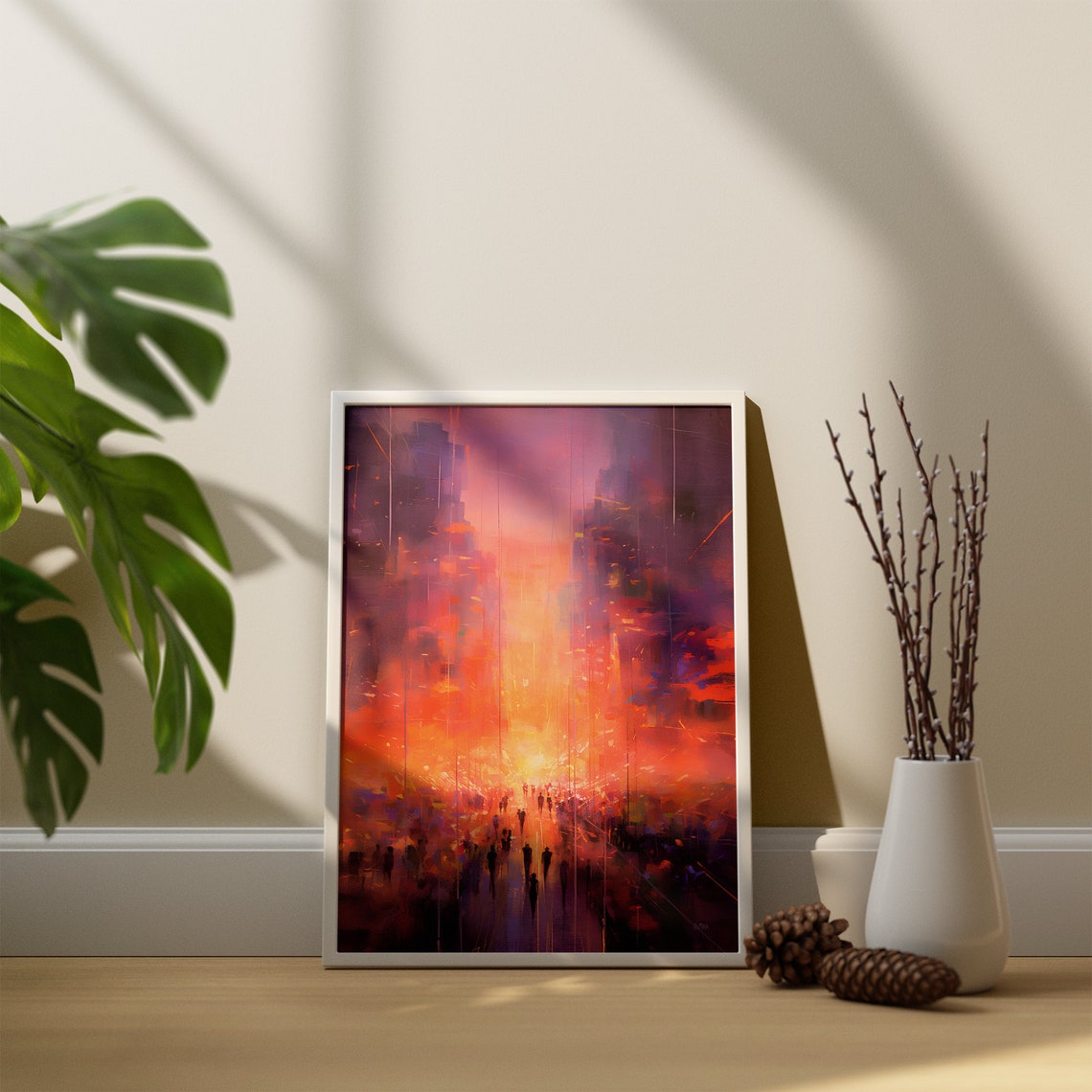 Abstract Orange Sunset City Crowd Street Oil Painting Art Poster - Image 4