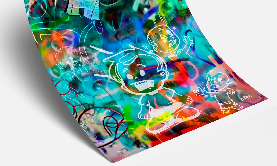 Neon Graffiti Cartoon Faces Street Art Glowing Teal Blue Wall Art - Image 4