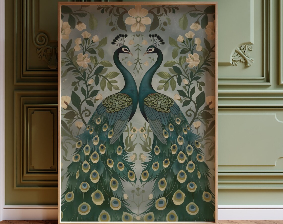 Mirrored Pair Of Peacocks Among Cream Blossoms Botanical Art Poster - Image 3