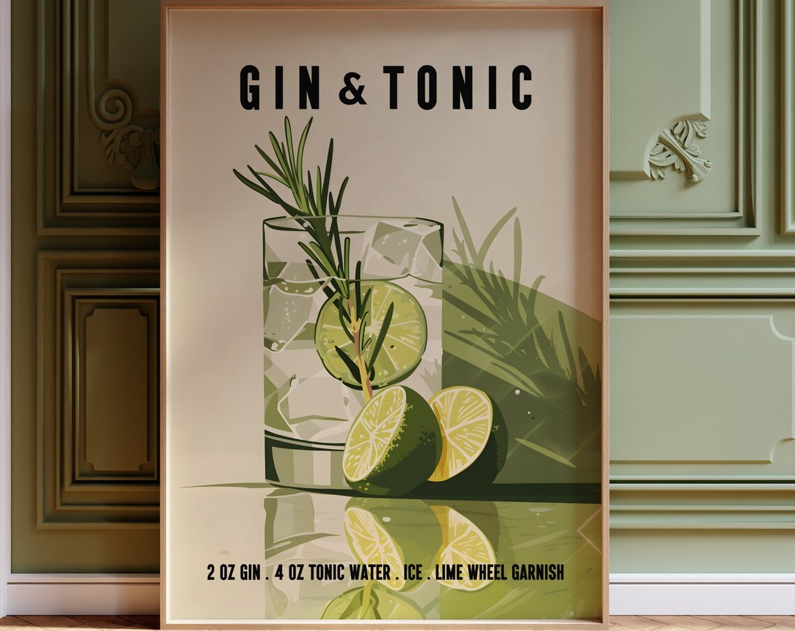 Gin & Tonic Retro Cocktail Poster Print, Bar Cart Decor - Image 4
