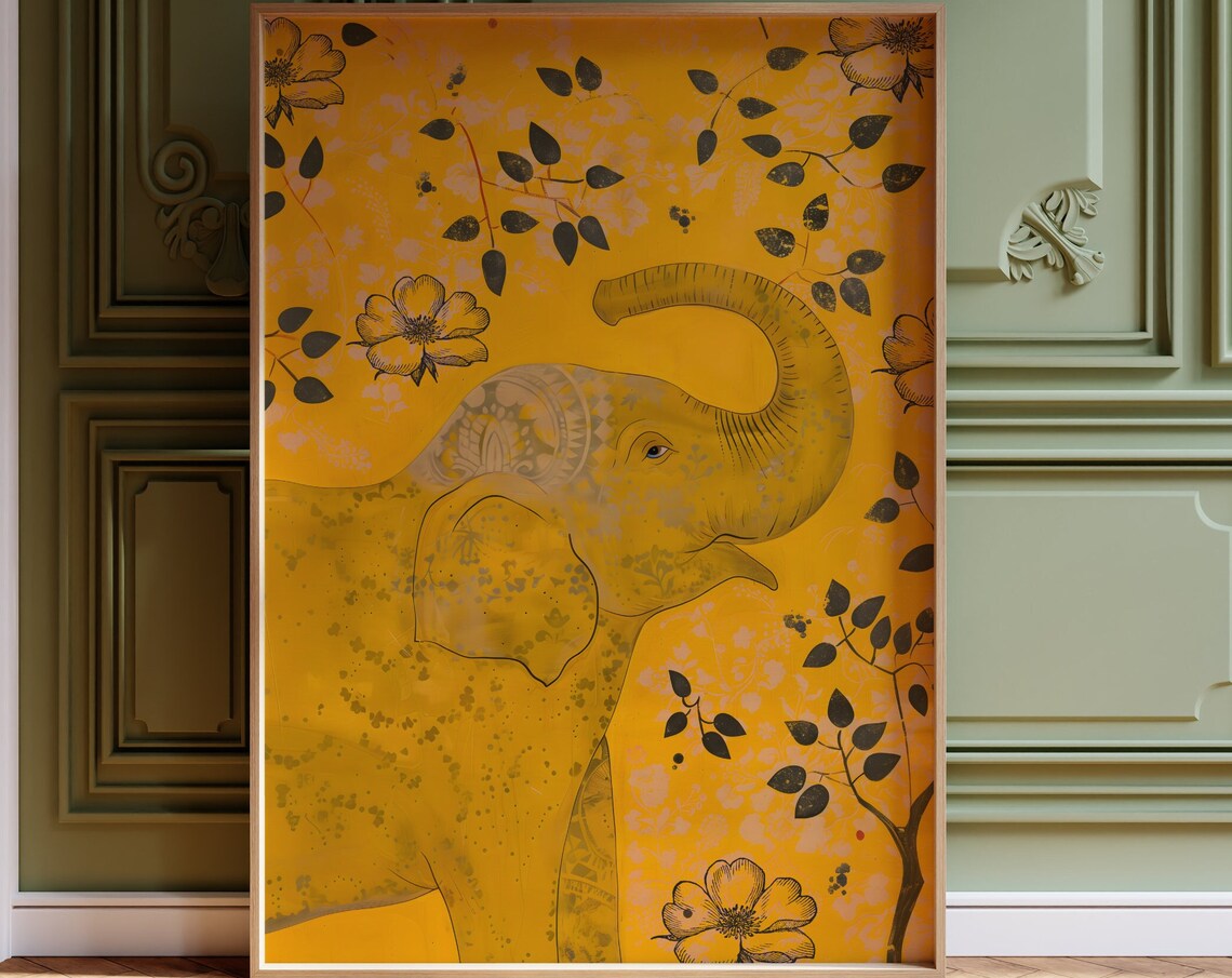 Yellow Indian Folk Elephant Mustard Botanical Wall Art Decor - Image 3