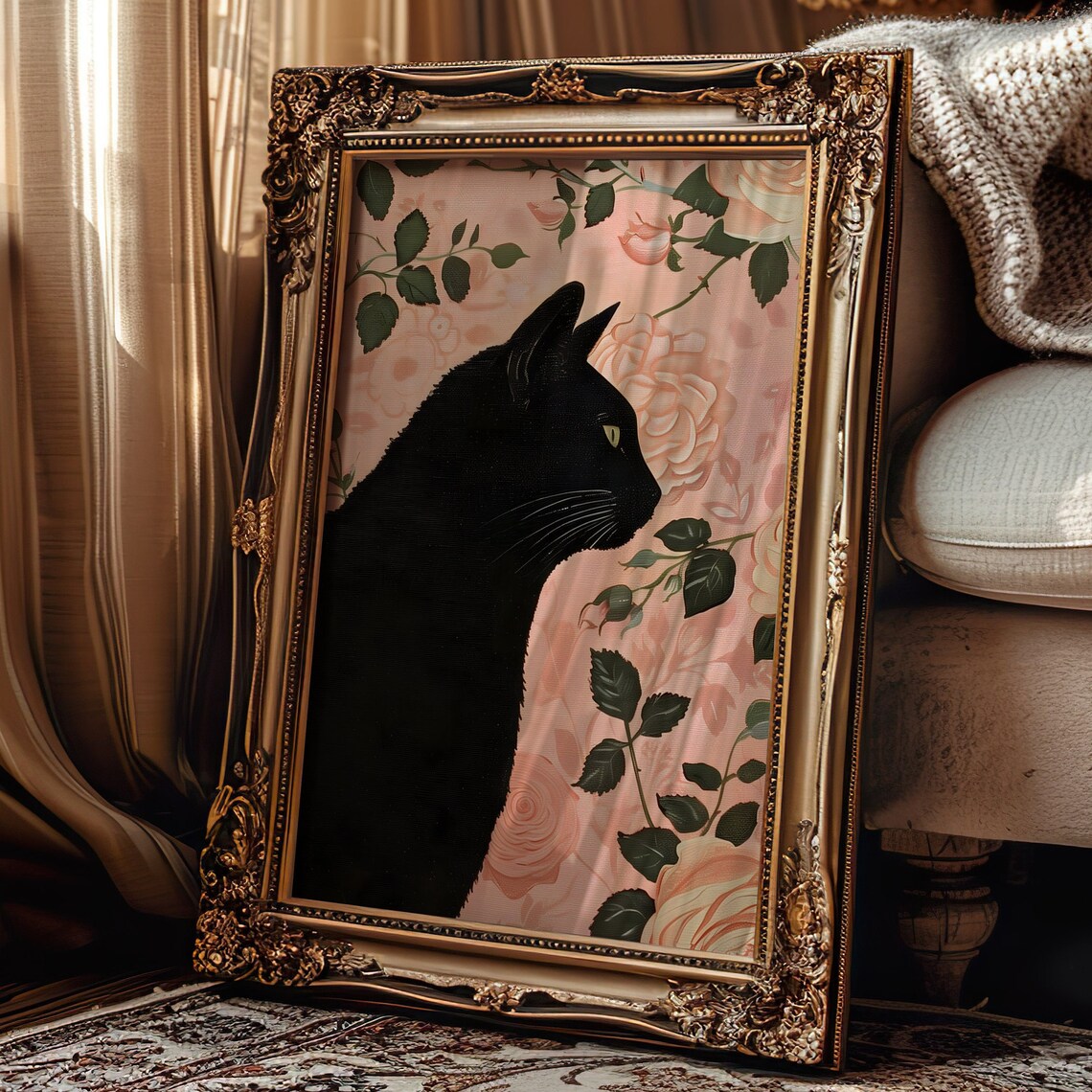 Black Cat Silhouette Among Pink Rose Blooms Floral Art Print - Image 3