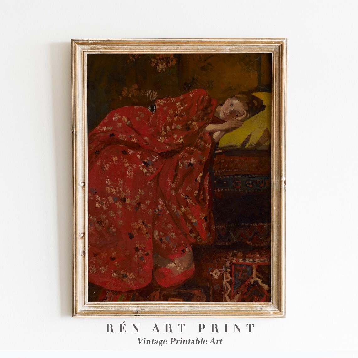 Antique Portrait Oil Painting Girl in Red Kimono, Vintage