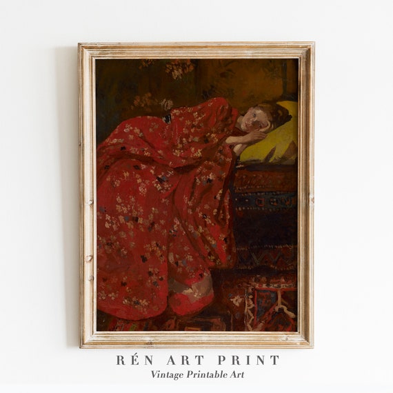 Antique Portrait Oil Painting Girl in Red Kimono, Vintage