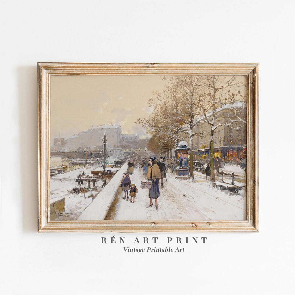 Snowy Paris Street Winter Scene with Shoppers Vintage Art Print - Image 3