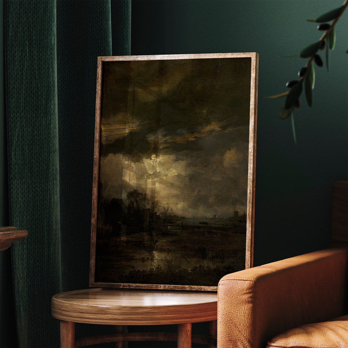 Dark Moody Vintage Landscape Moonlit River Old Masters Style Poster - Image 3