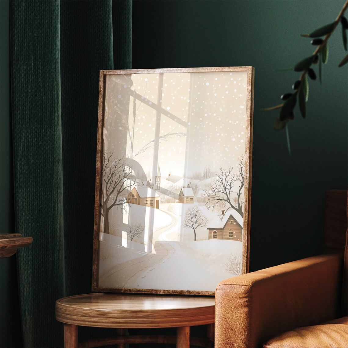 Snowy Winter Village Church Scene Neutral Beige Holiday Poster - Image 2