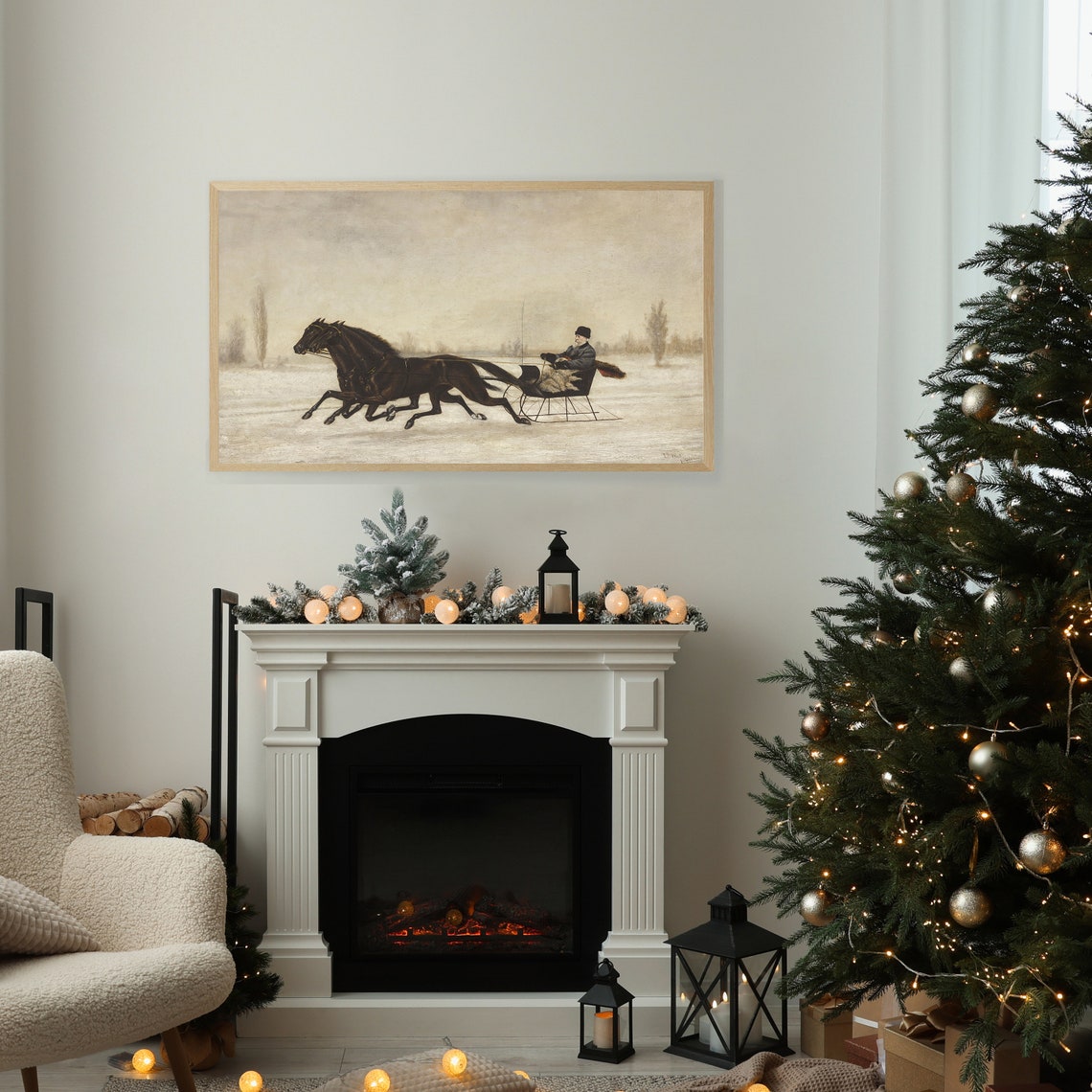Antique Winter Tv Art Sleigh Riding Holiday Tv Art Vintage Neutral Landscape Tv Art Christmas Painting Frame Tv - Image 2