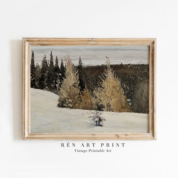 Vintage Winter Landscape Art Print, Rustic Holiday Decor