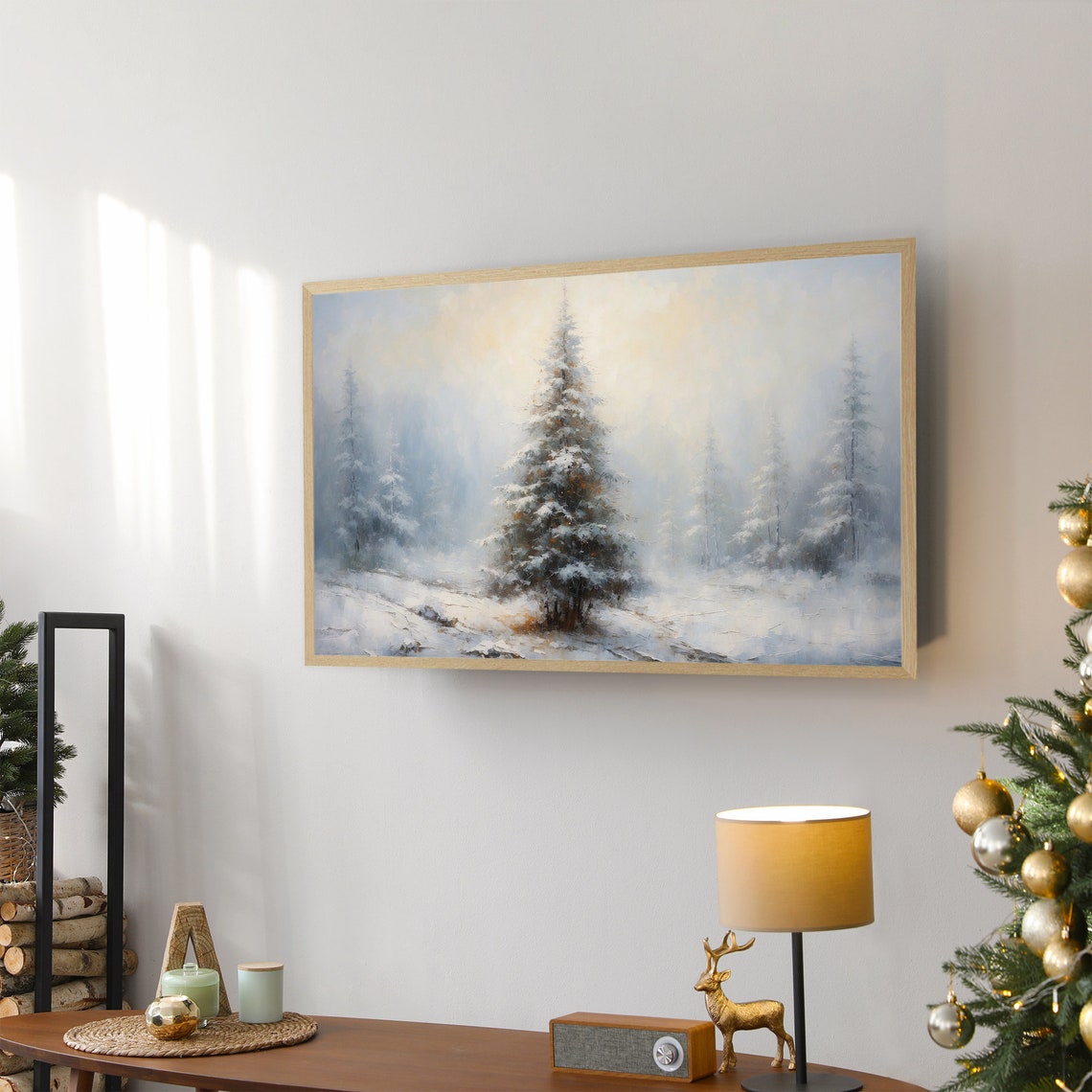 Tall Snowy Evergreen in Glowing Winter Light Peaceful Frame TV Poster - Image 2