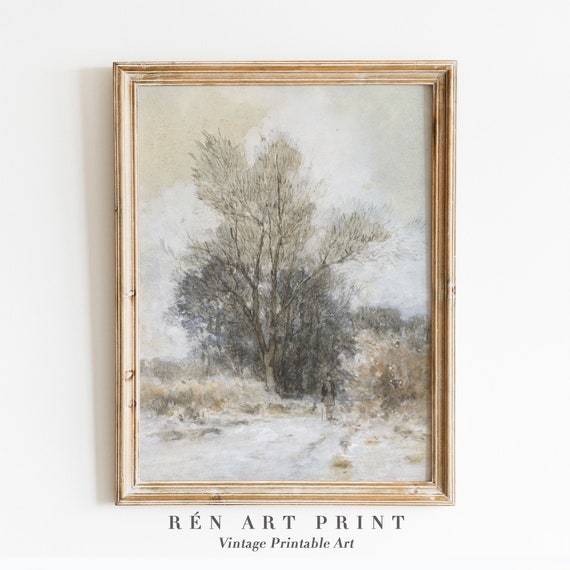 Vintage Winter Landscape Art Print, Neutral Country Scenery