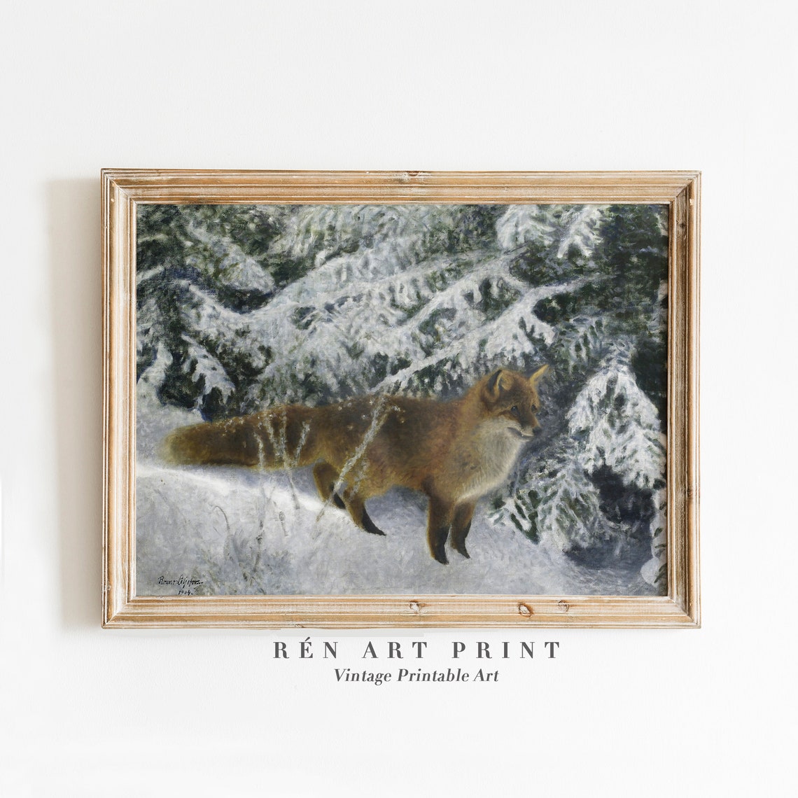 Red Fox in Snowy Forest Vintage Wildlife Oil Painting Winter Poster