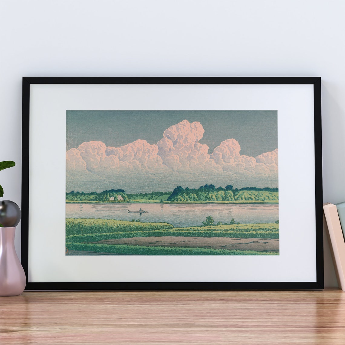 Japanese Woodblock Lake with Pink Clouds Vintage Style Art Print