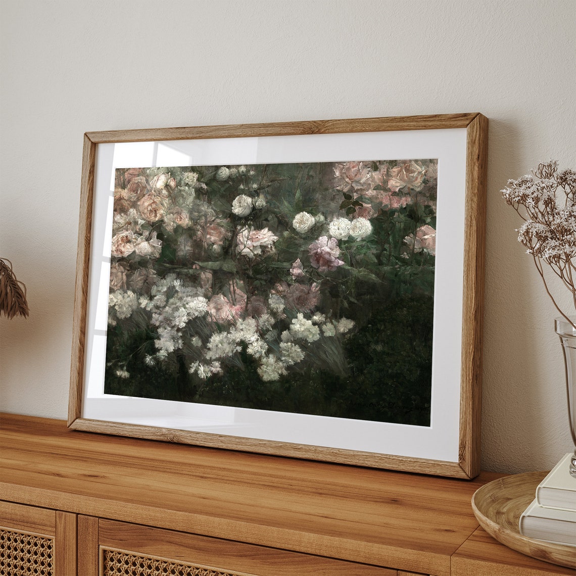 Moody Rose Garden Vintage Pink White Roses Dark Floral Oil Poster - Image 3
