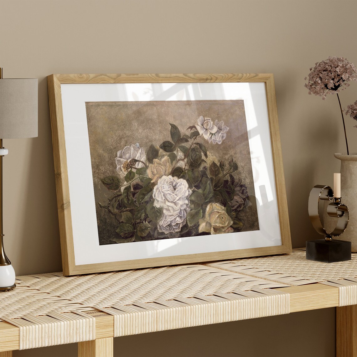 White and Yellow Roses Vintage Floral Still Life Oil Painting Print - Image 2