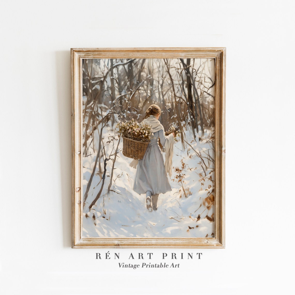 Woman Carrying Flower Basket Through Snowy Woods Winter Art Print