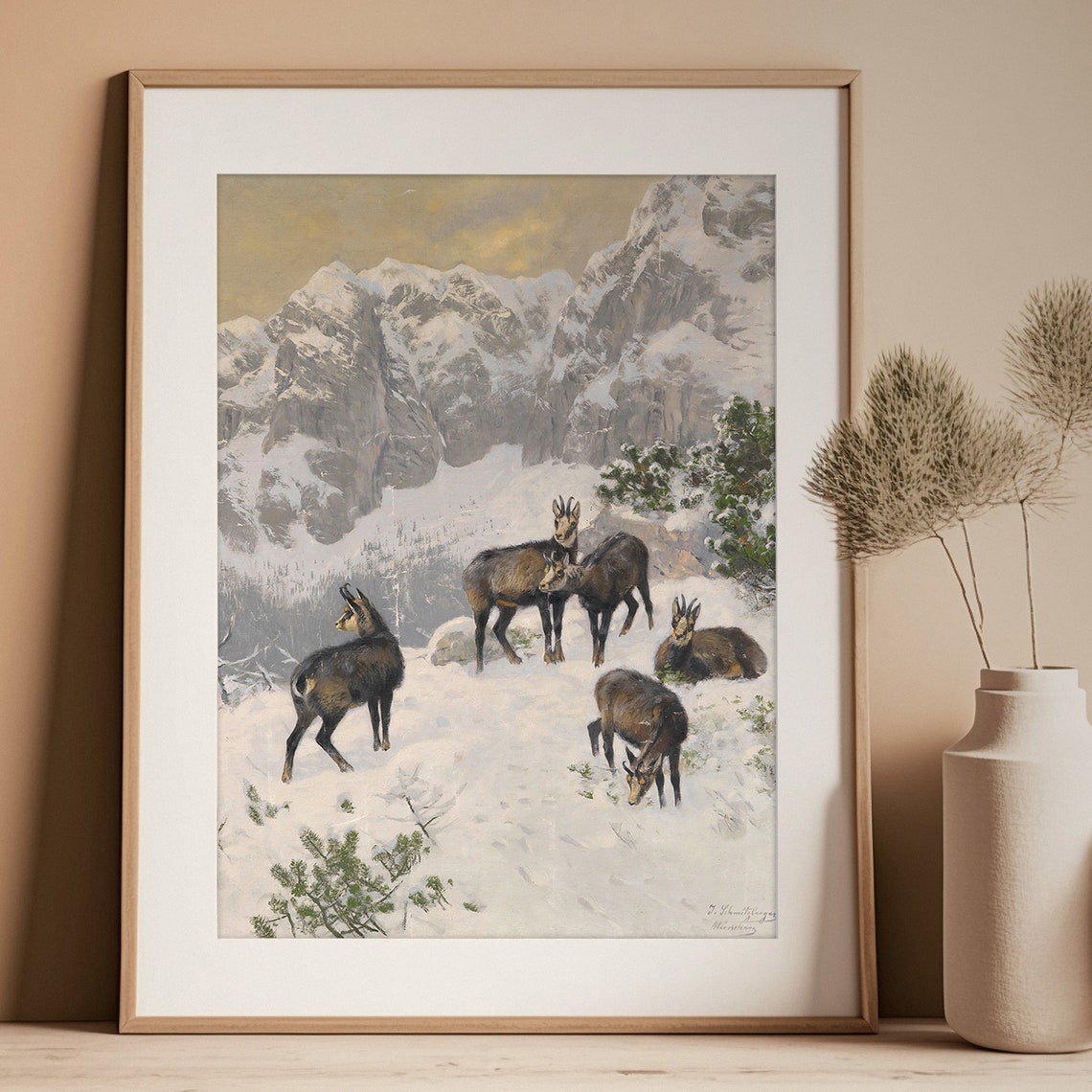 Vintage Chamois Herd in Snowy Mountains Alpine Wildlife Art Poster - Image 2