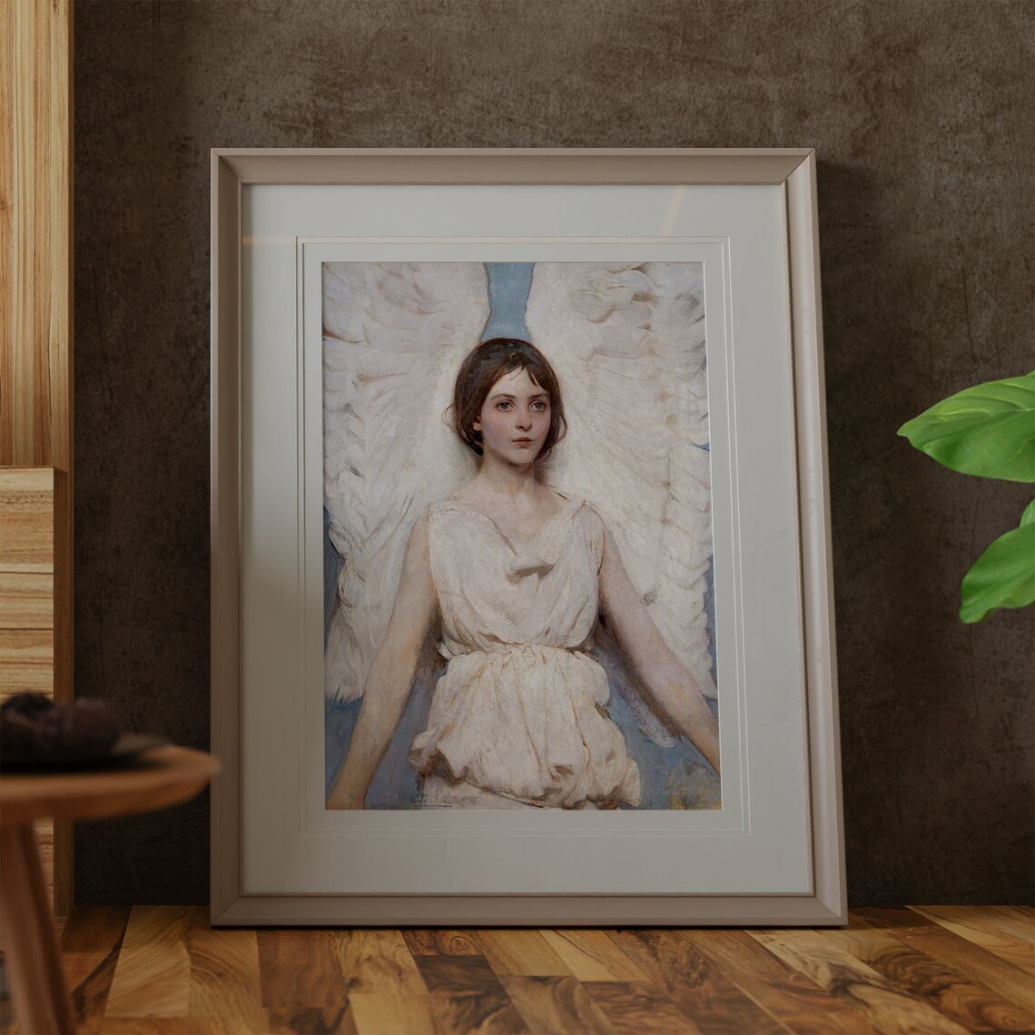 Vintage Angel Portrait White Wings Young Woman Soft Blue Classic Art Poster - Image 3