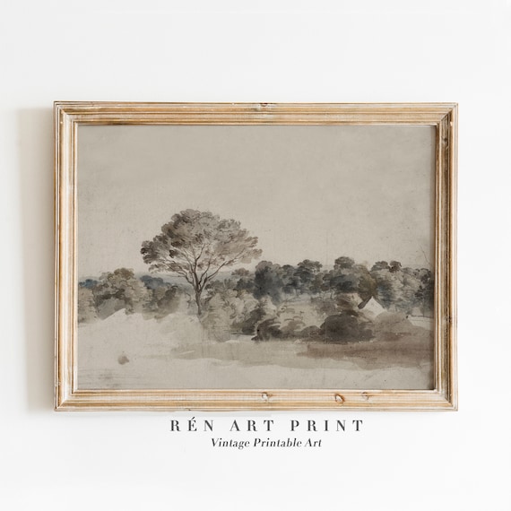 Vintage Landscape Painting Art Print, Farmhouse Decor