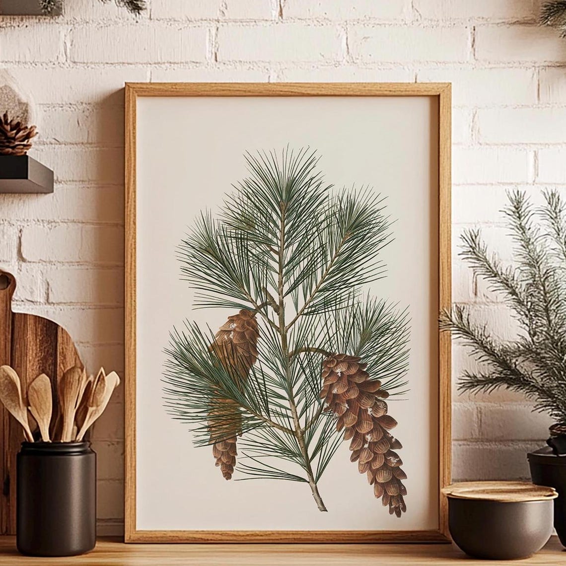 Evergreen Pine Branch with Pinecones Vintage Botanical Art Print - Image 2