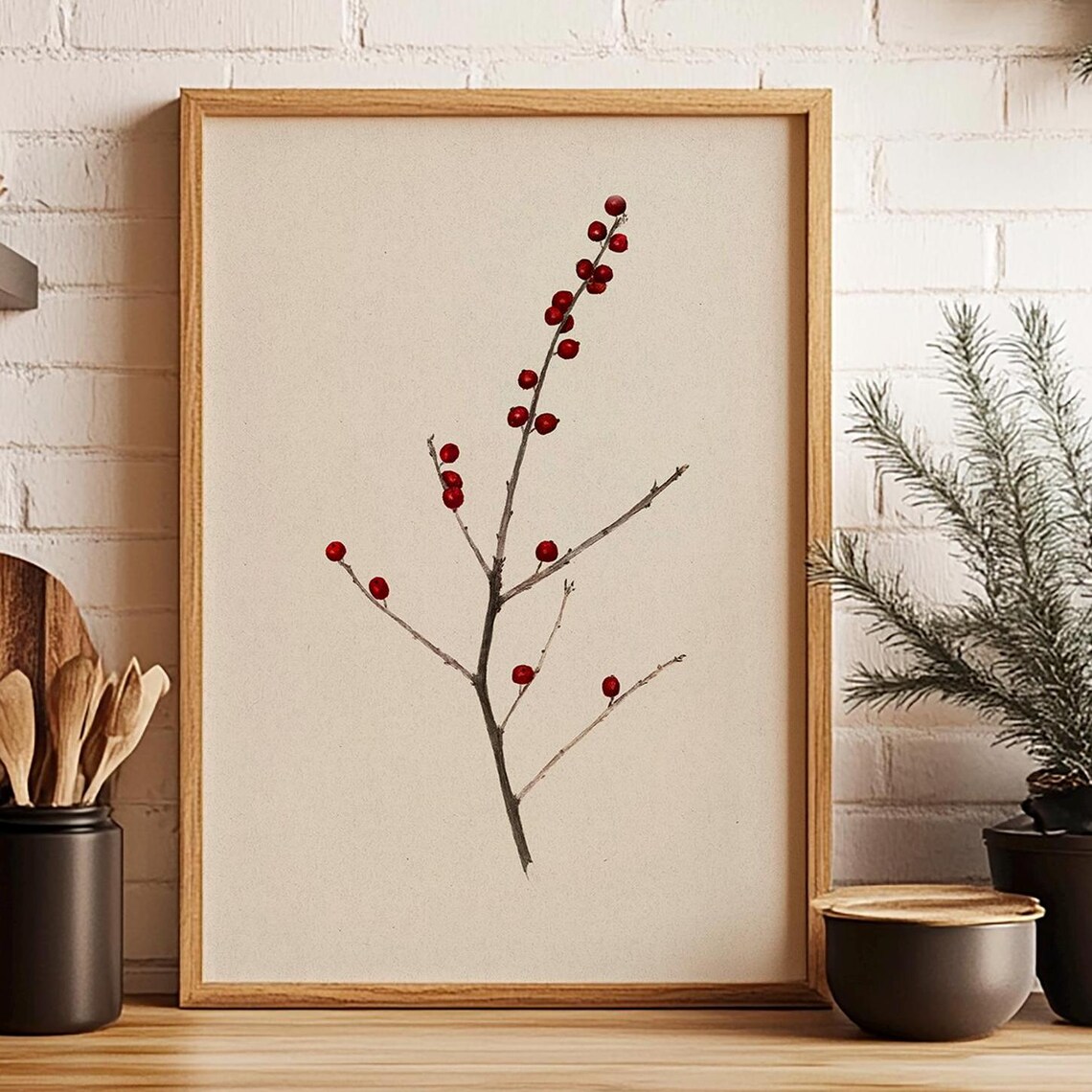 Antique Berry Branch Botanical Christmas Art Print - Image 2